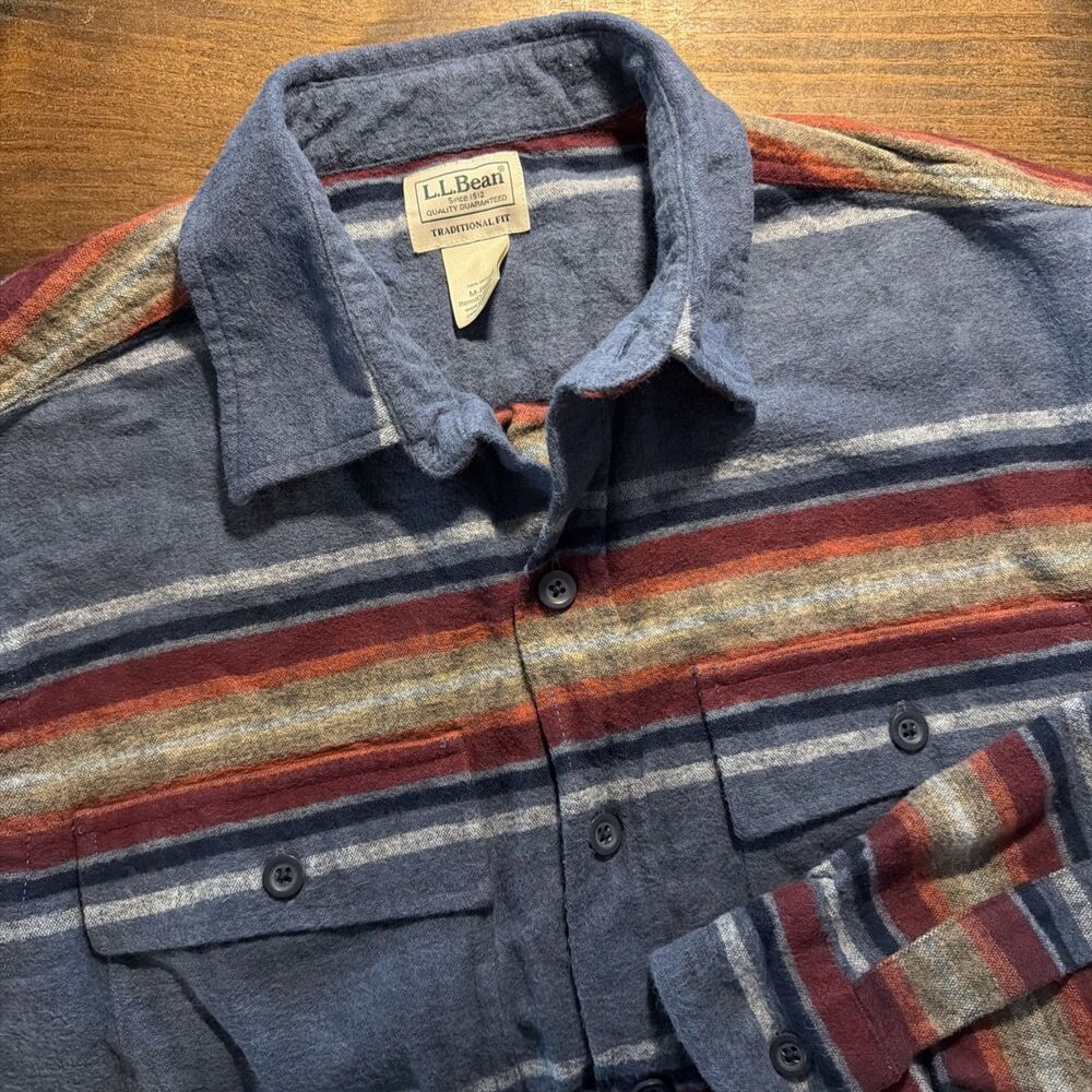L.L. Bean Shirt Mens Medium Blue Stripe Flannel Long Sleeve Button Front Pockets